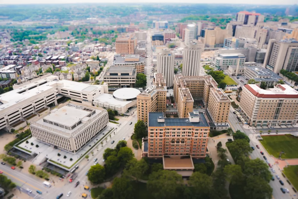 A view from above of the Oakland neighborhood in Pittsburgh.